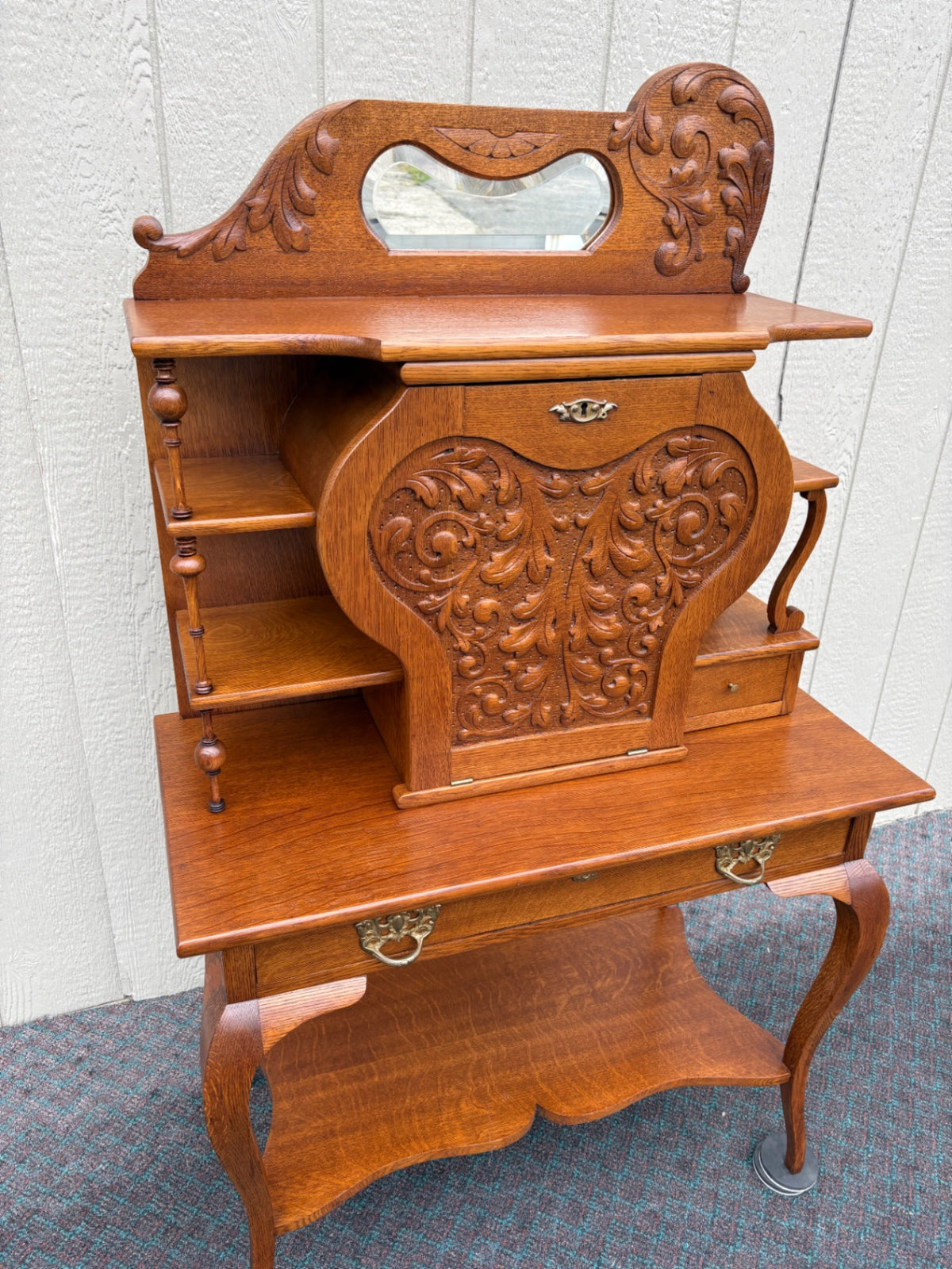 68144 Victorian Oak Davenport Desk with Carved Details and Mirror