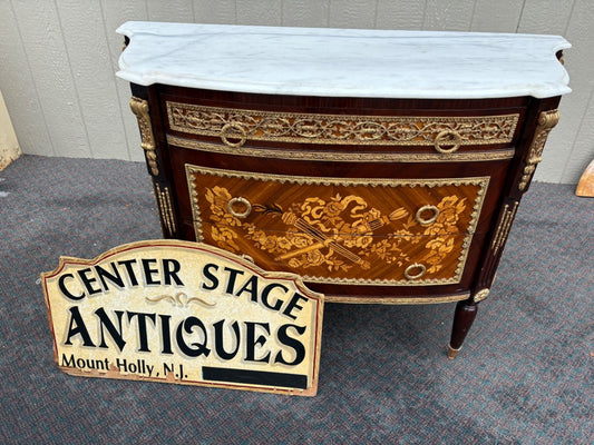 67335 Louis XV Style Marble Top Chest with Intricate Inlay and Gilt Detailing