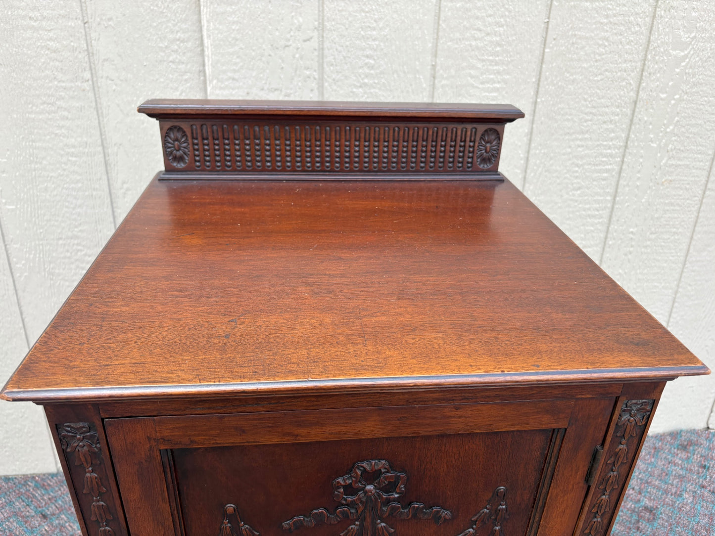67982 Antique Mahogany Nightstand with Carved Details and Shelf