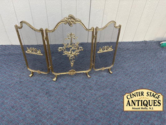 Vintage Brass Folding Fire Screen with Decorative Panels