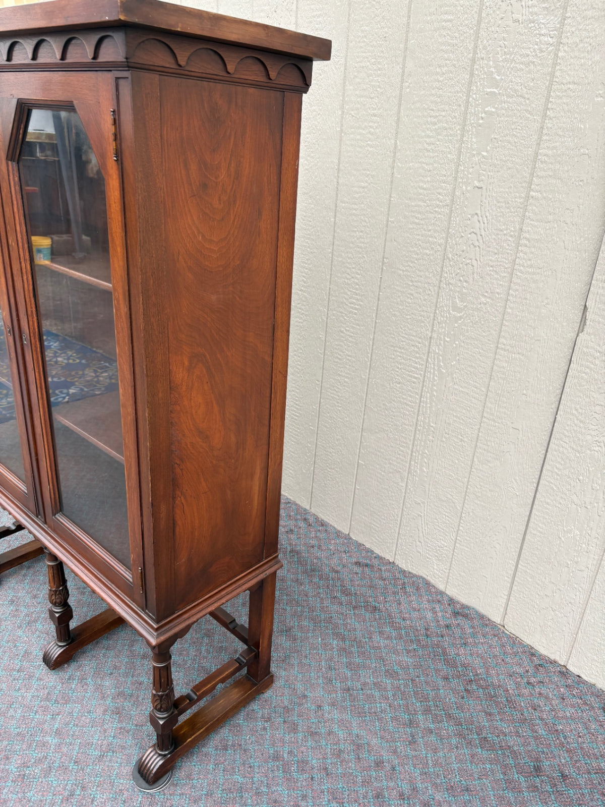 68180  1940s Walnut China Cabinet with Carved Details and Glass Doors