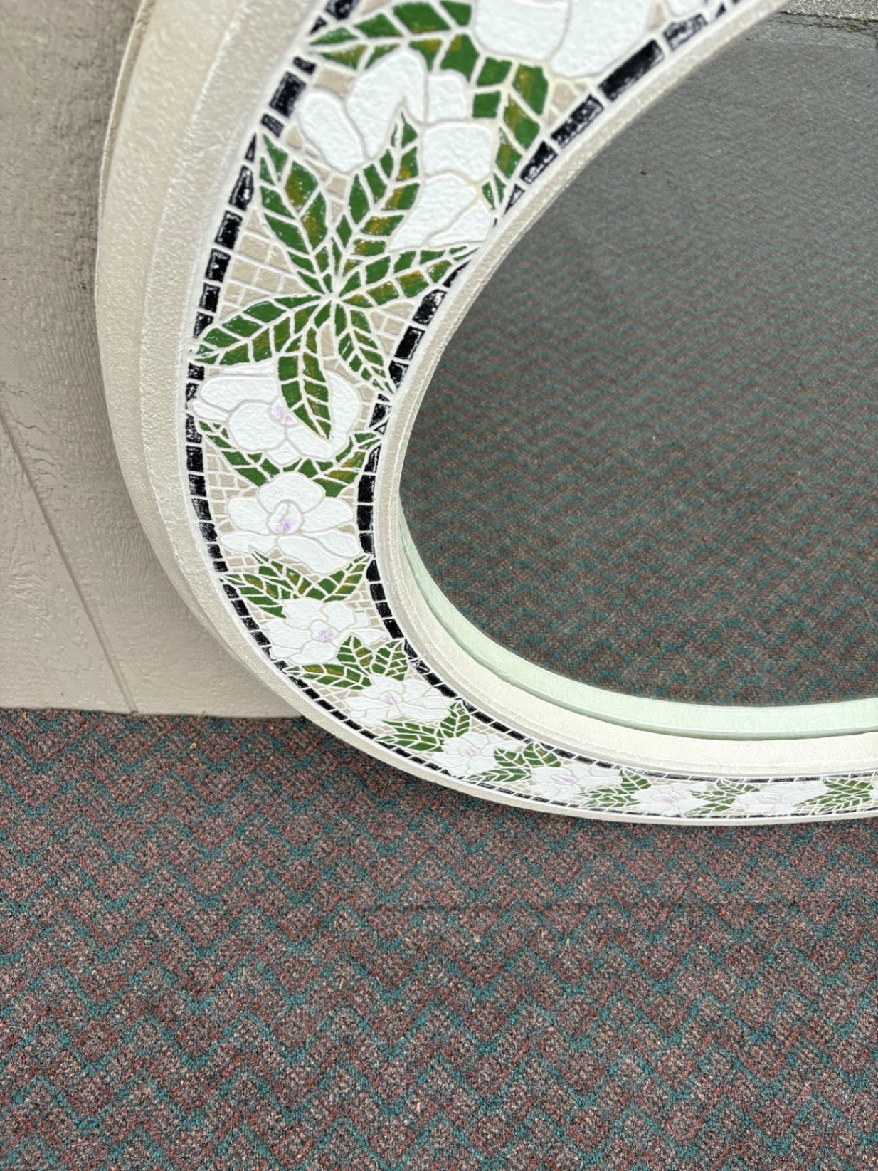 67830 Large Round Floral Mosaic Wall Mirror with White and Green Accents