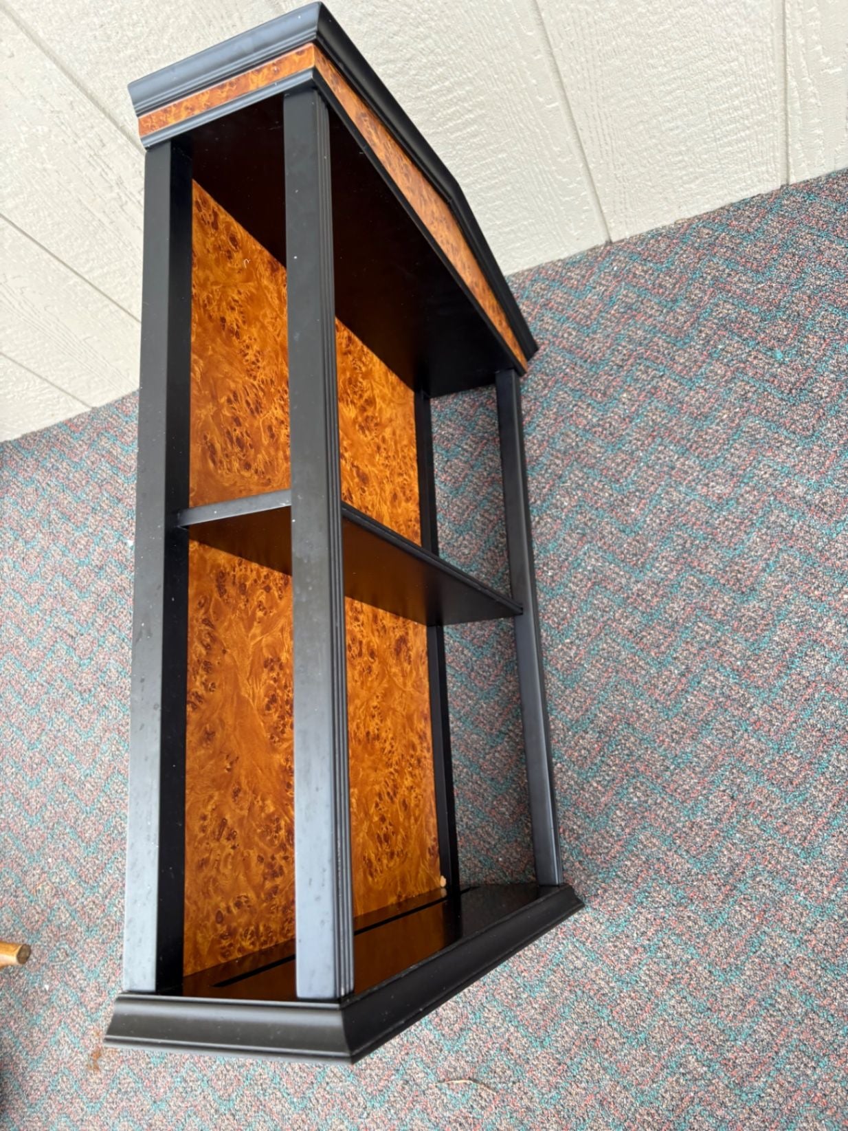 67420 Vintage Burled Wood Wall Shelf with Black Trim