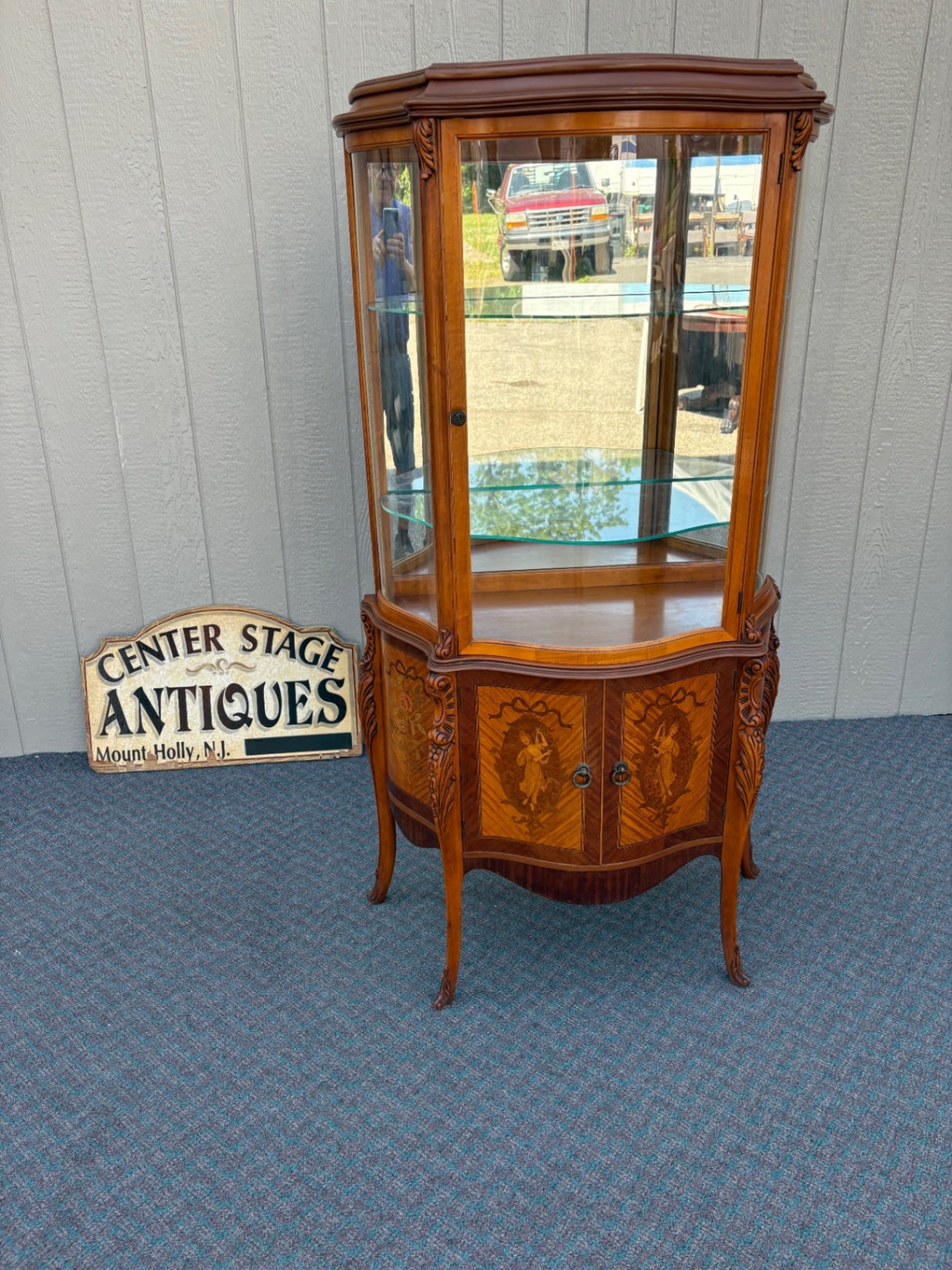 67807  Elegant Inlaid Curio Cabinet with Glass Display Shelves