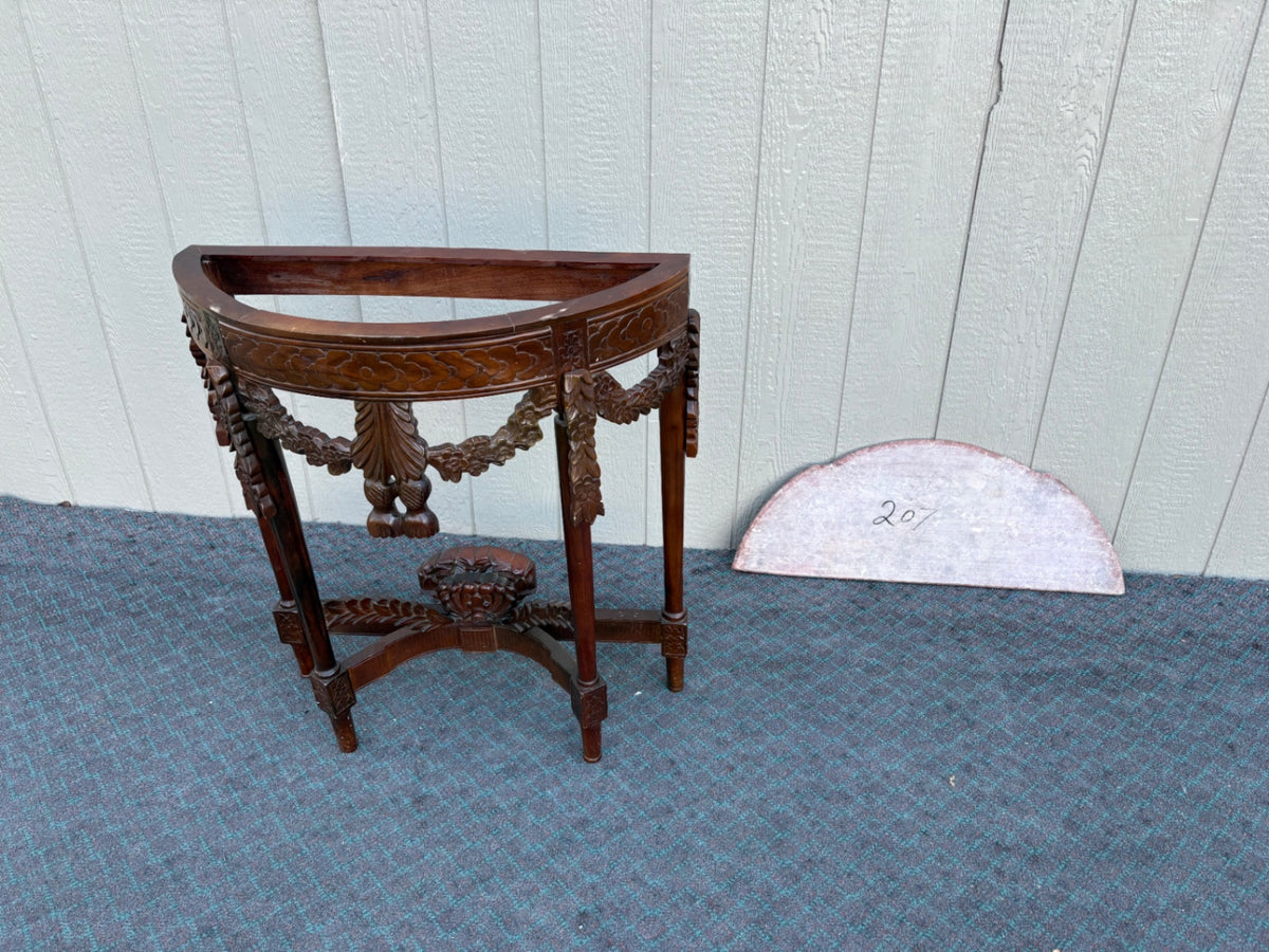 68237  Antique Mahogany Demilune Table with Pink Marble Top