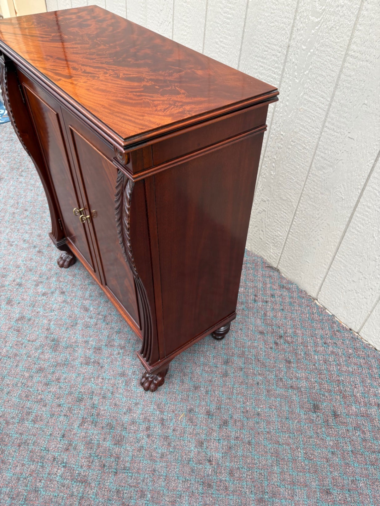 68003 Antique Mahogany Cabinet with Claw Feet and Carved Details