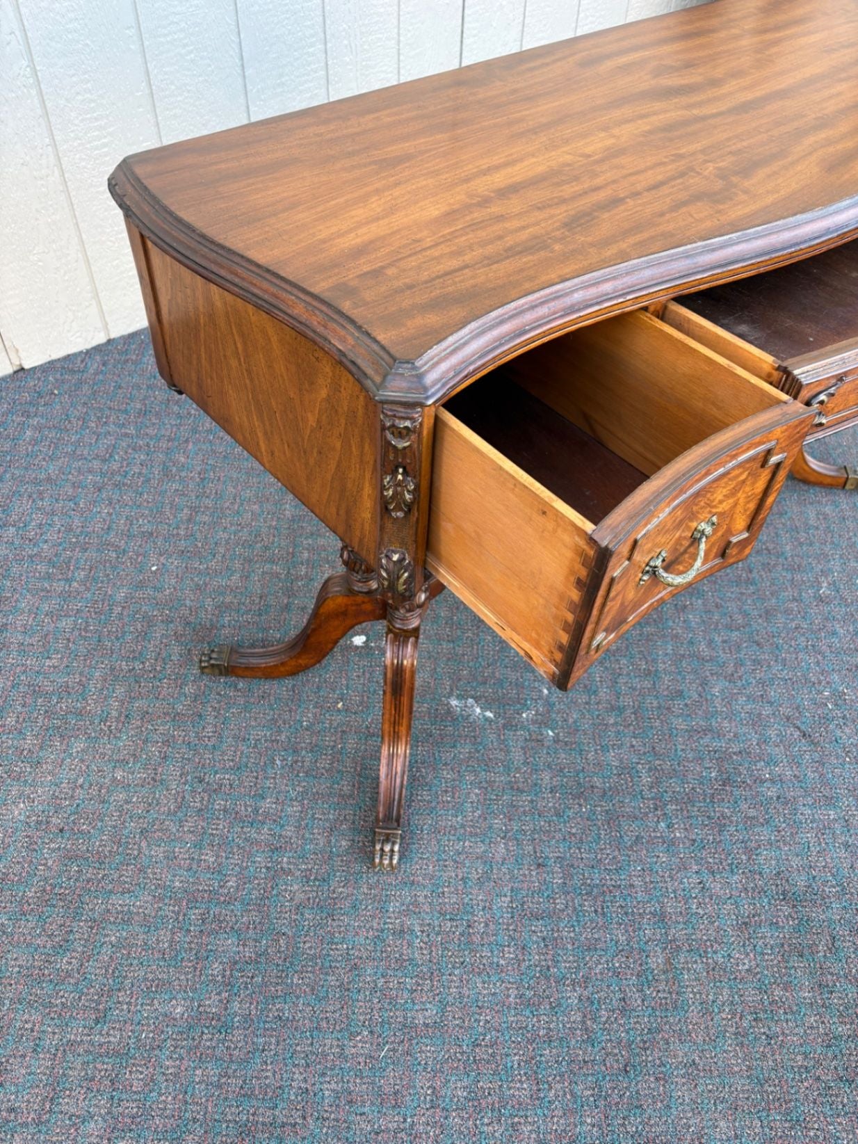 67433  Elegant Regency Style Mahogany Vanity Desk with Carved Details
