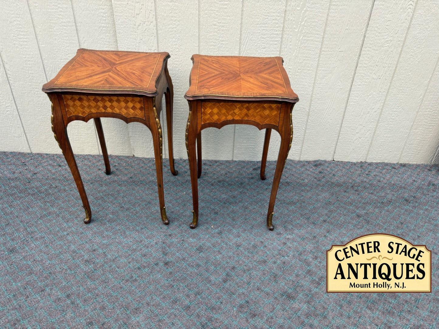 68095 Pair of French Louis XV Style Inlaid Marquetry Side Tables