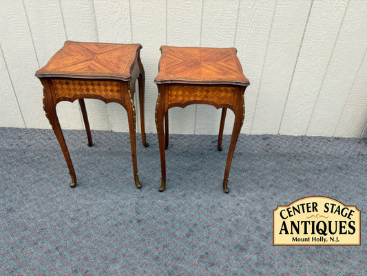 68095 Pair of French Louis XV Style Inlaid Marquetry Side Tables