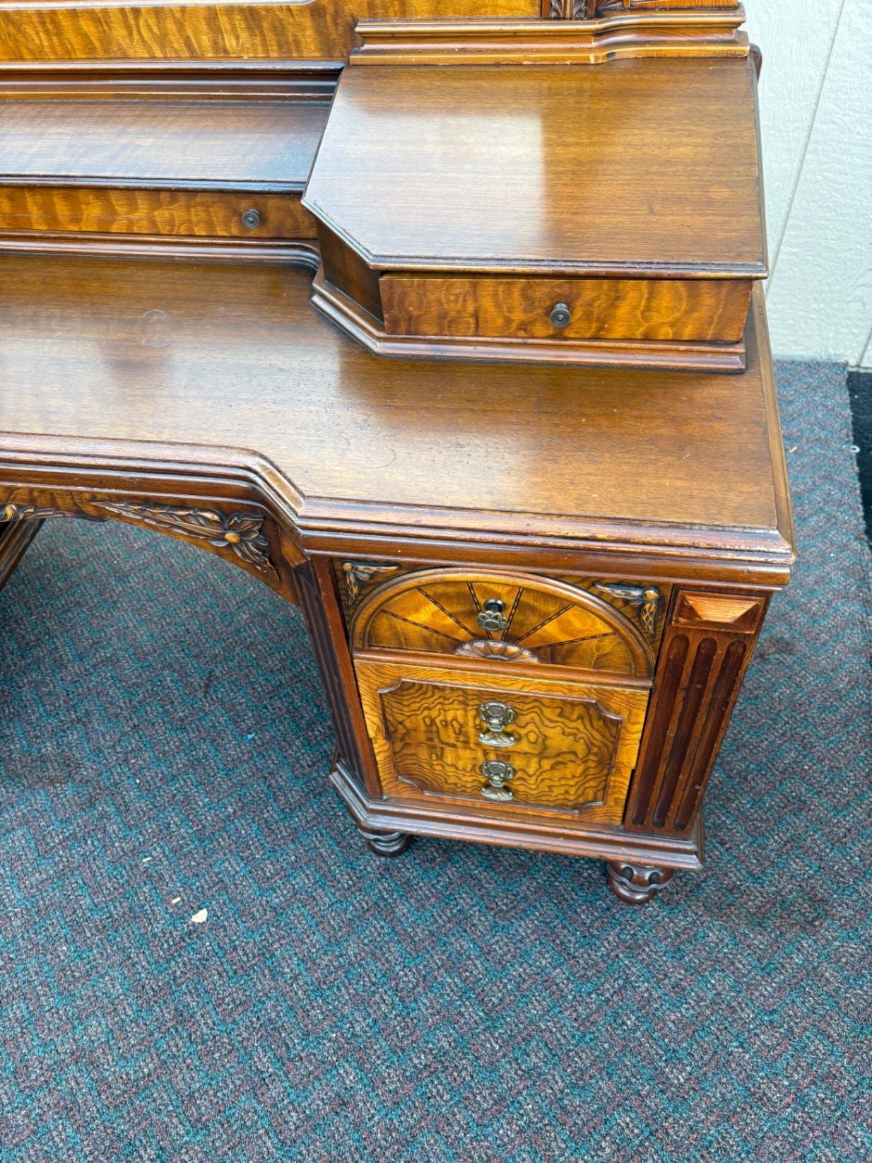 67476  Antique Walnut Vanity with Mirror, Ornate Carving and Drawers