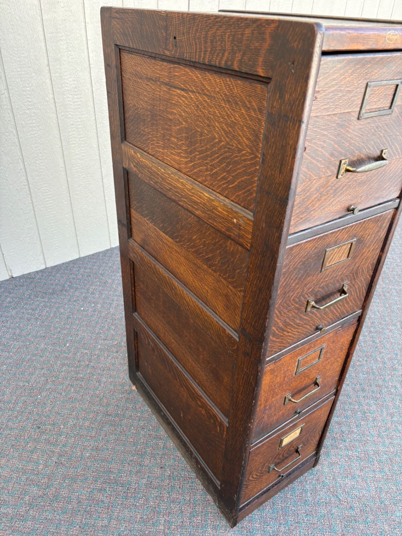 67307 Antique Oak File Cabinet with Four Drawers and Brass Hardware