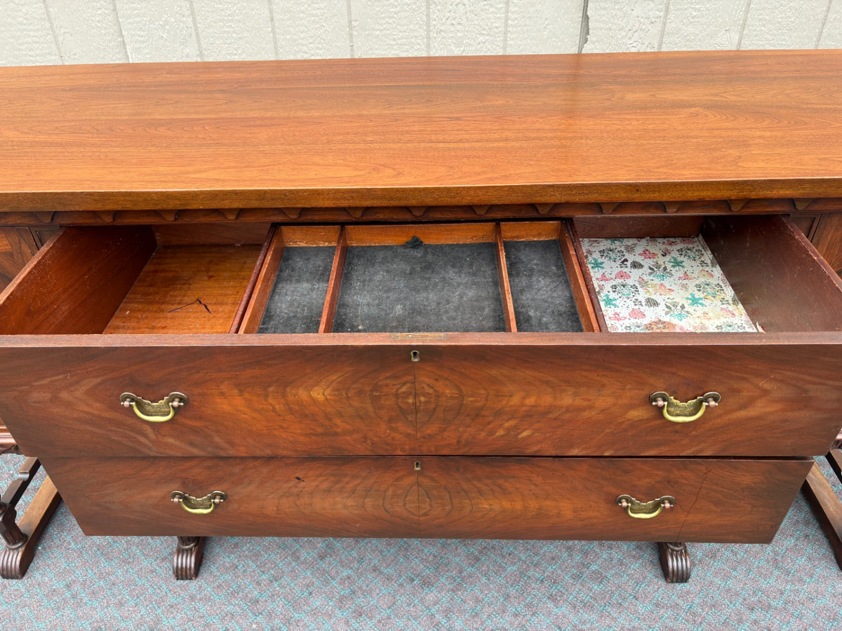 68181  Elegant Early 20th Century Walnut Buffet with Carved Detailing