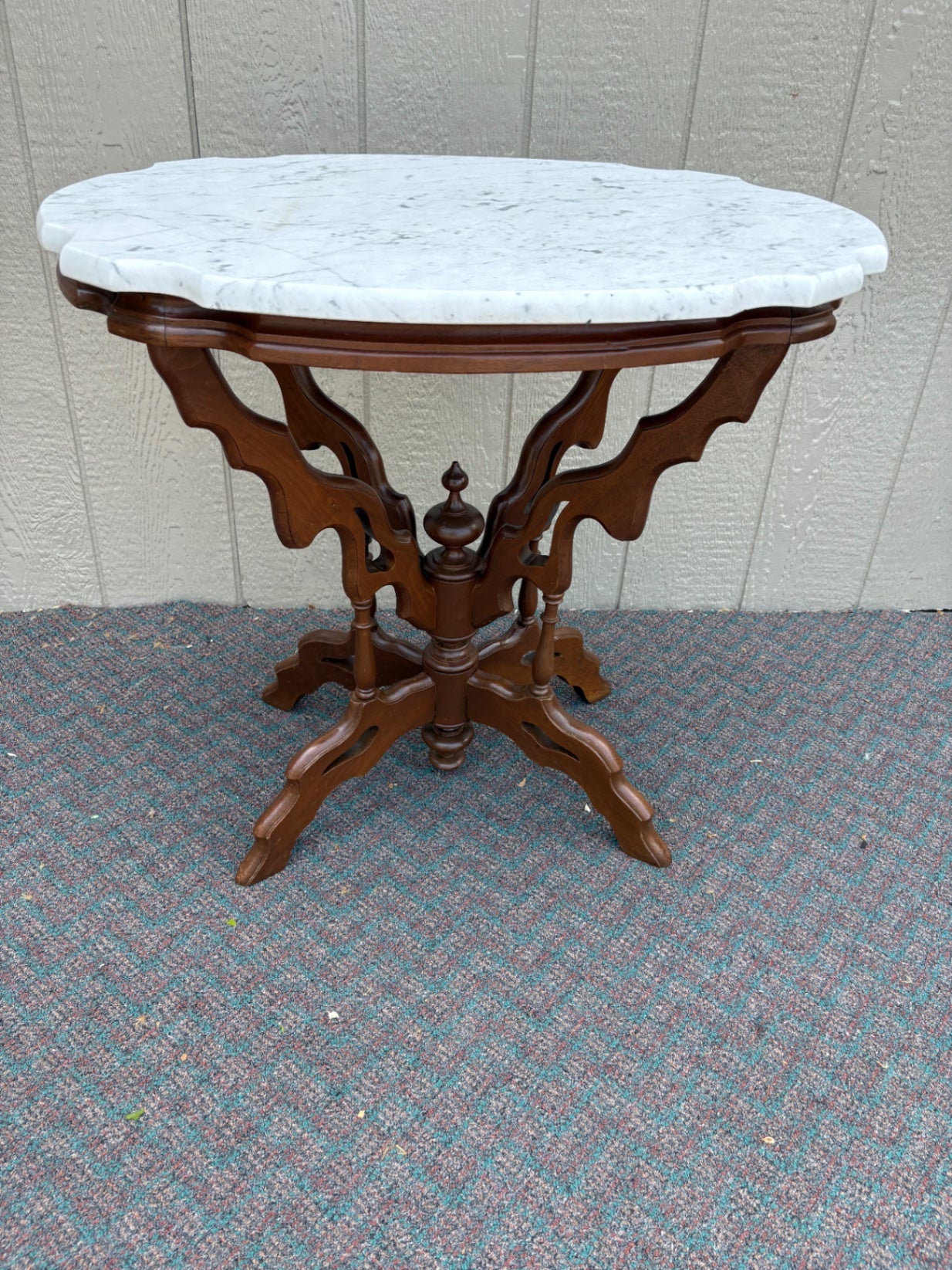 Victorian Marble Top Side Table with Ornate Wooden Base