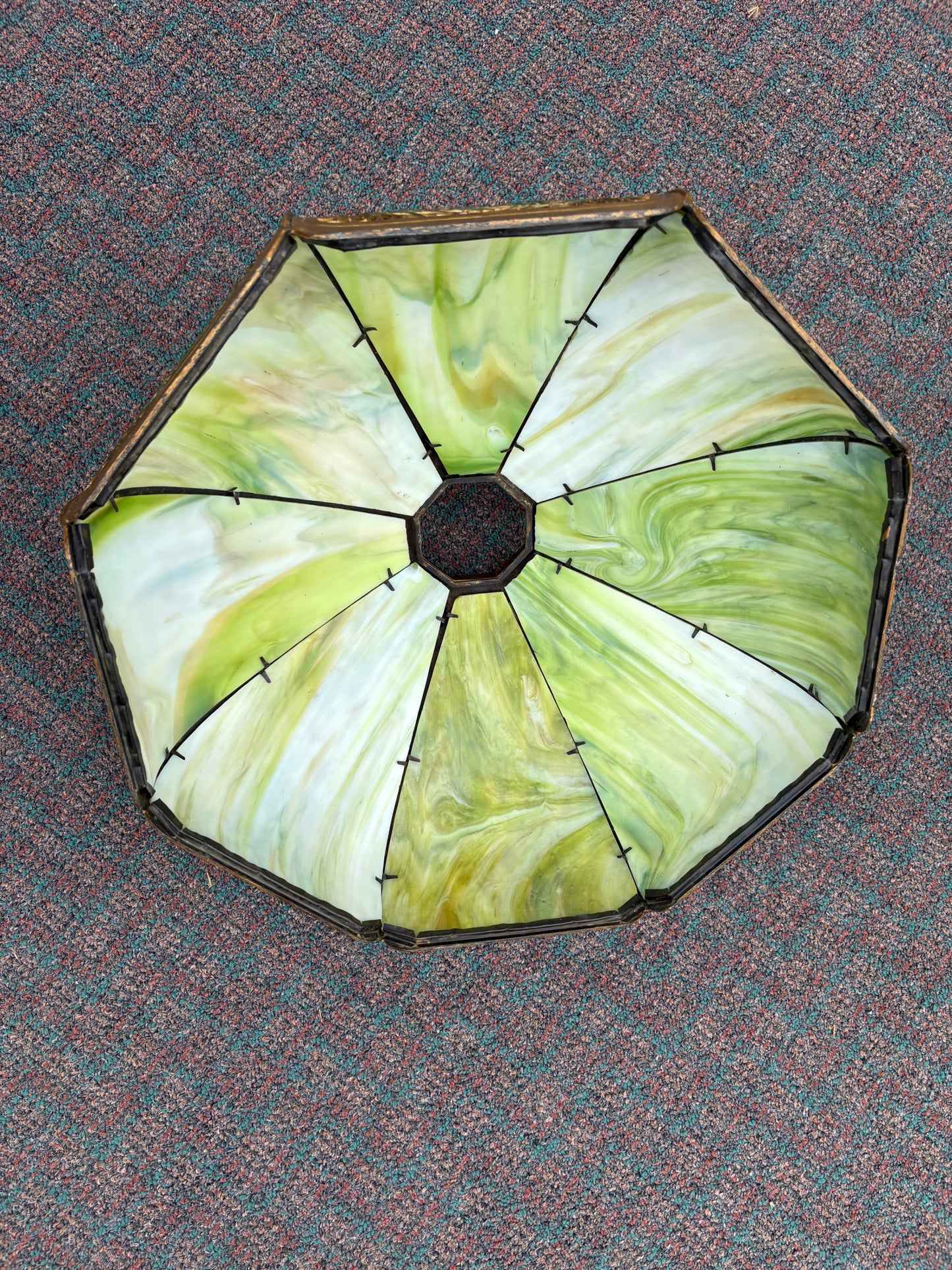 67742 Victorian Slag Glass Lampshade with Ornate Metalwork