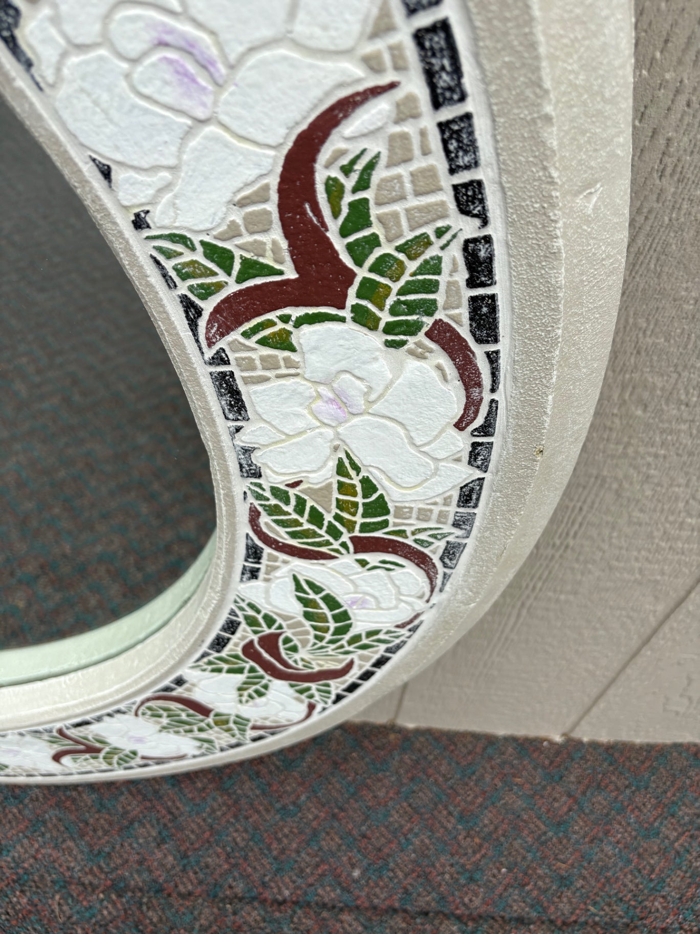 67830 Large Round Floral Mosaic Wall Mirror with White and Green Accents