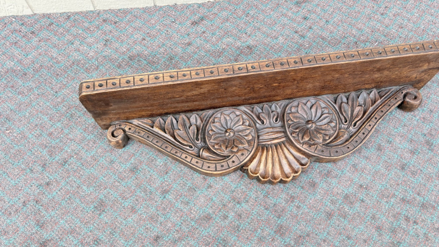 68071 Ornate Carved Oak Wall Shelf with Floral Design