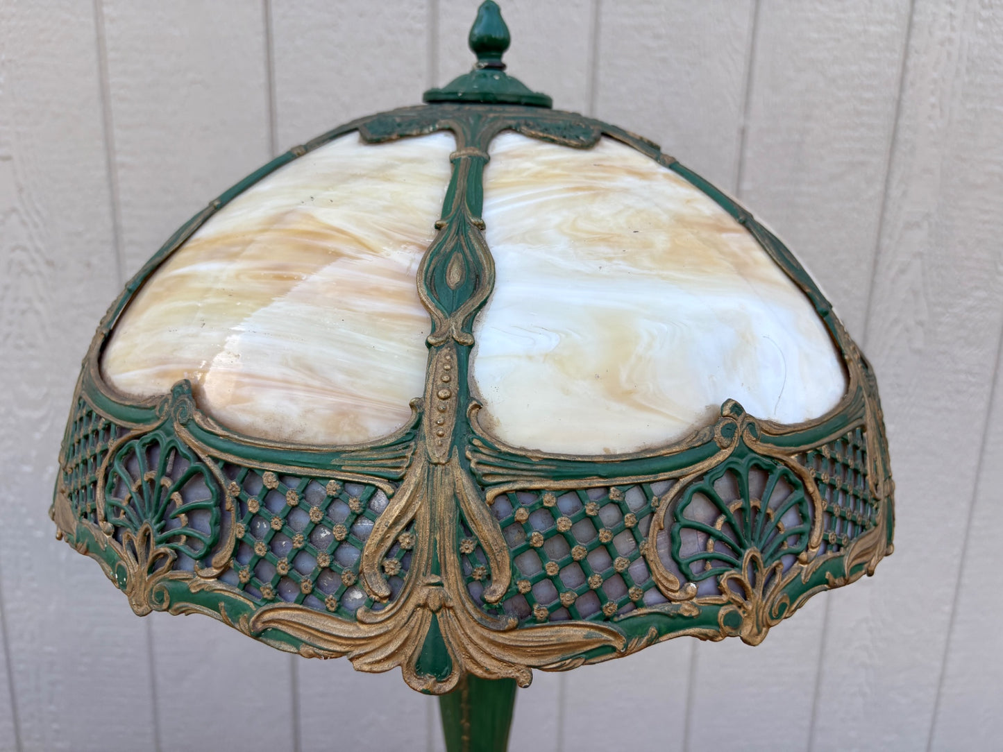 67799 Victorian Slag Glass Table Lamp with Ornate Metalwork Base