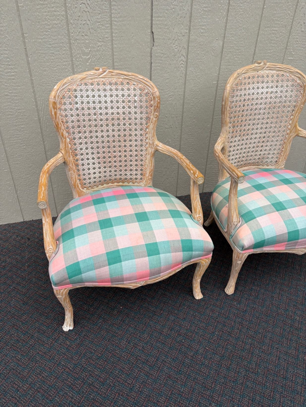 67549 Pair of French Provincial Caned Armchairs with Plaid Upholstery