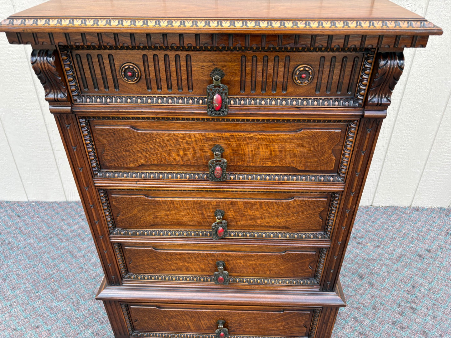 67997 Ornate Walnut  Chest of Drawers by Flints Horner bros. Fine Furniture