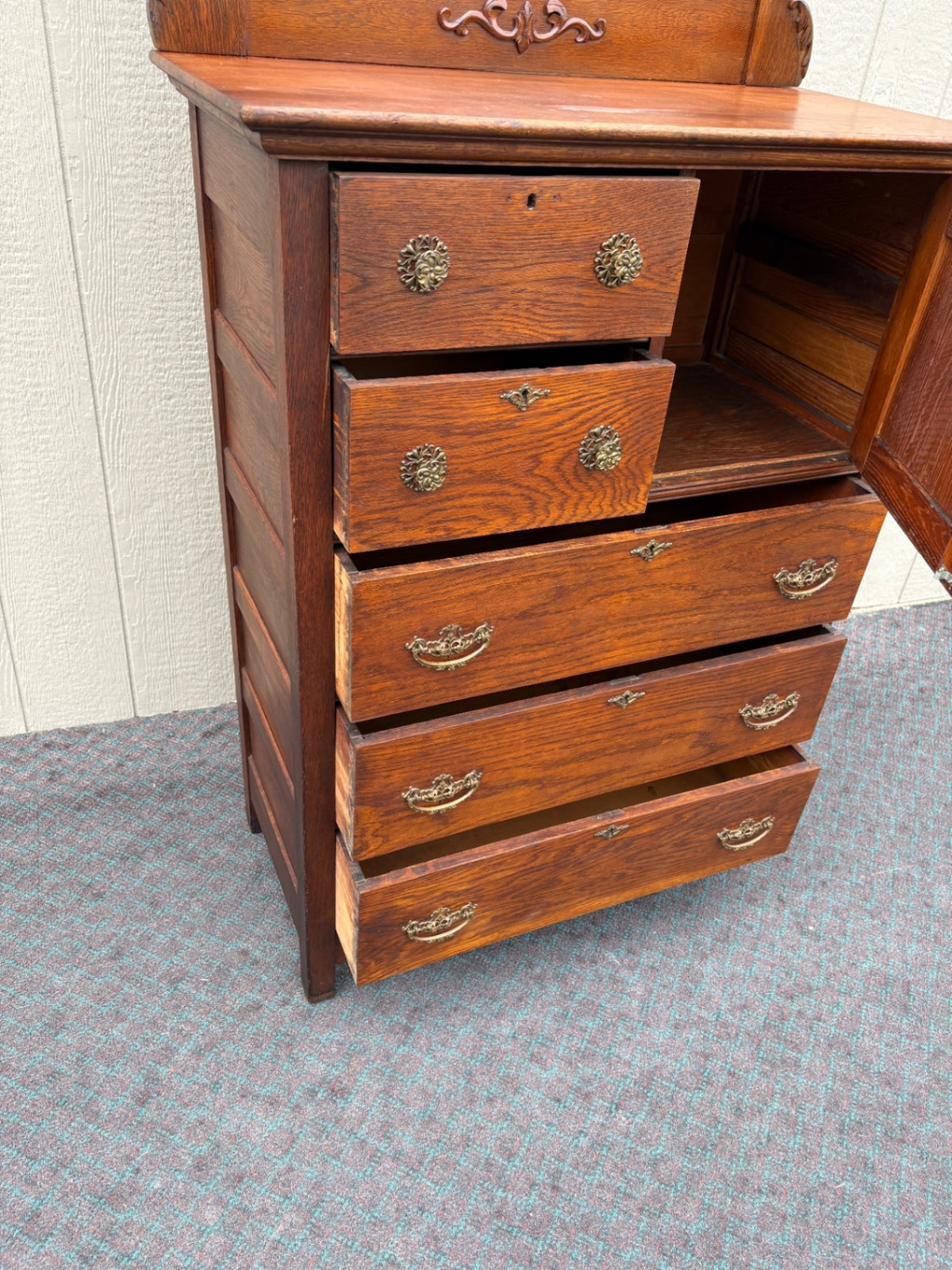 68120 Victorian Oak High Chest with Mirror and Carved Details