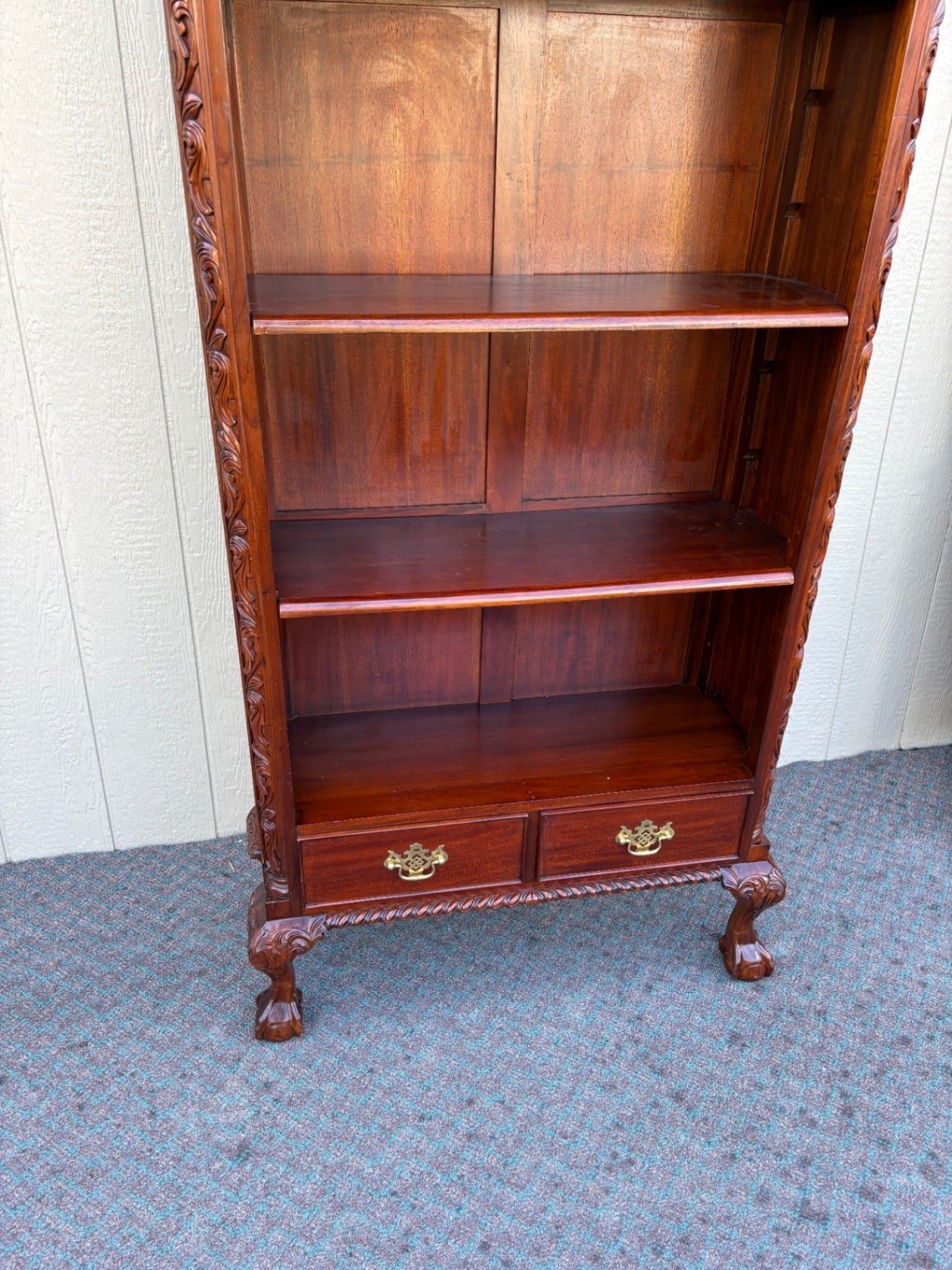 67941 Ornate Mahogany Chippendale Bookcase with Claw Feet and Drawers
