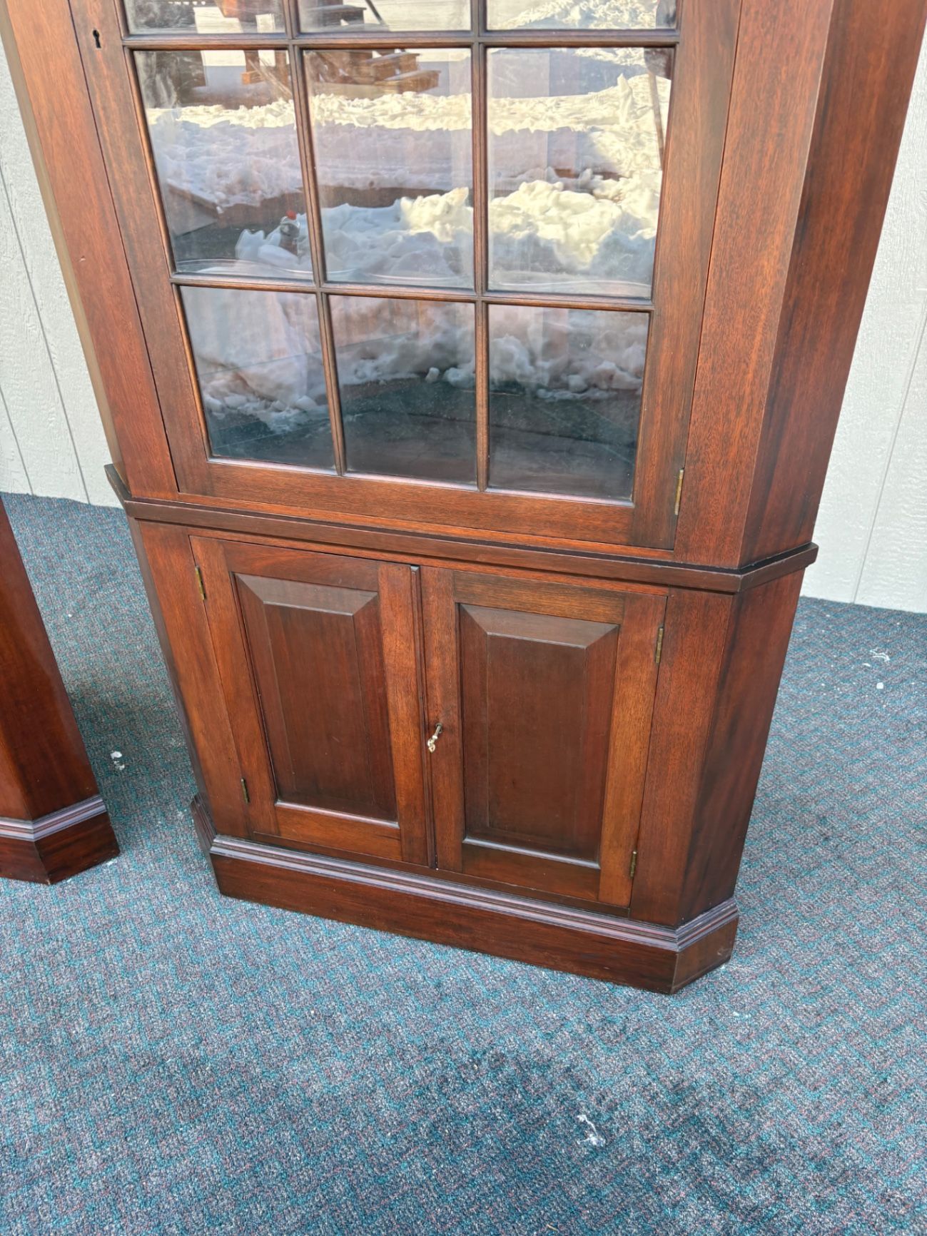 67464  Pair of Biggs Mahogany Corner Cabinets with Glass Doors