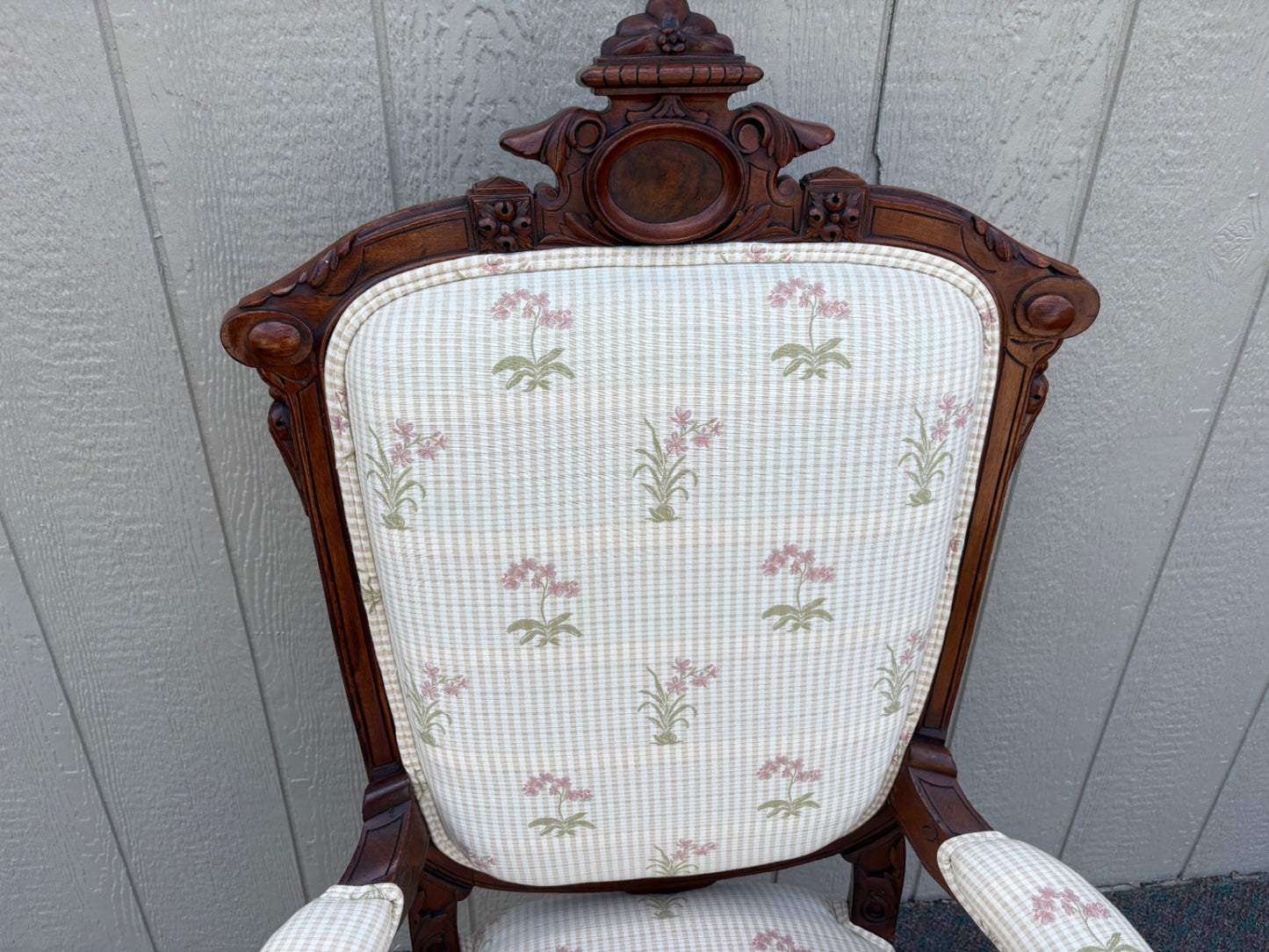 67903 Victorian Armchair with Carved Wood and Floral Upholstery