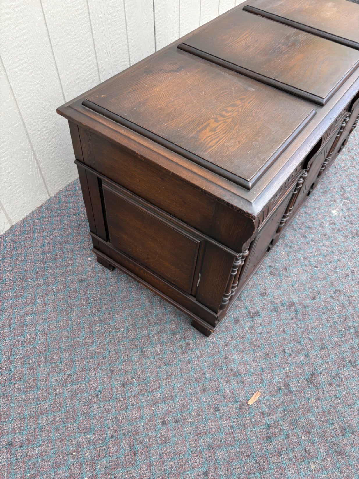 67754 Vintage Dark Oak Trunk with Carved Details and Panel Design