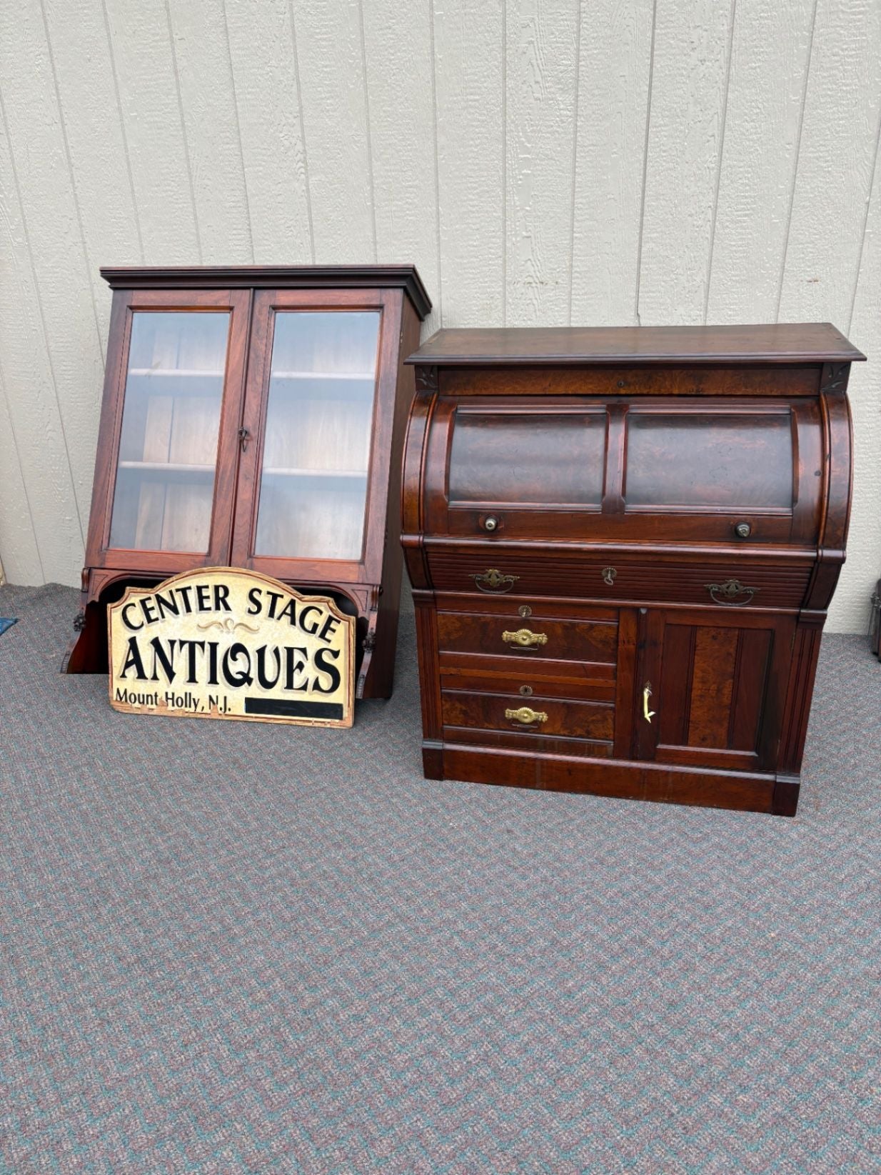 67689  Victorian Cylinder Secretary Desk with Glass Cabinet Top