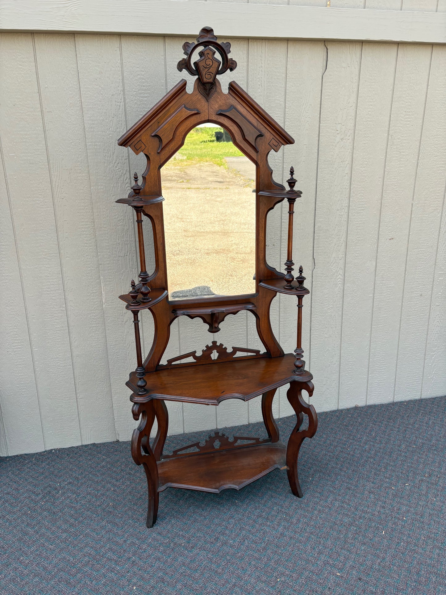67717 Victorian Eastlake Style Hall Mirror with Shelves, Solid Mahogany
