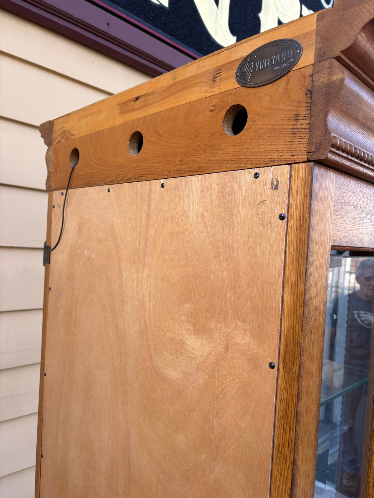 68202  Oak Curio Cabinet with Etched Glass and Crown Molding