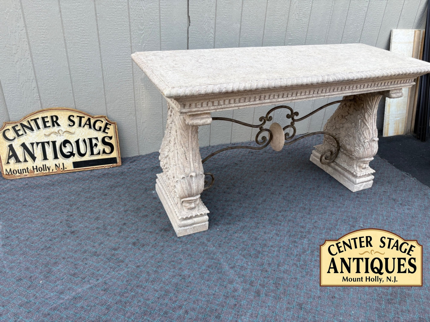 68079 Elegant Classical Cement Console Table with Ornate Ironwork