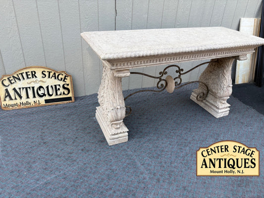68079 Elegant Classical Cement Console Table with Ornate Ironwork