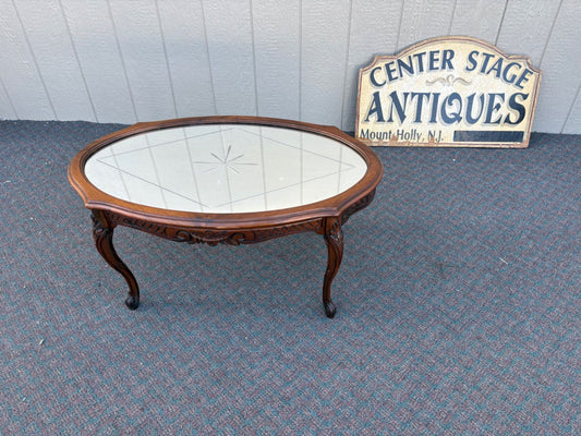 67432  Vintage French Provincial Etched Glass Coffee Table