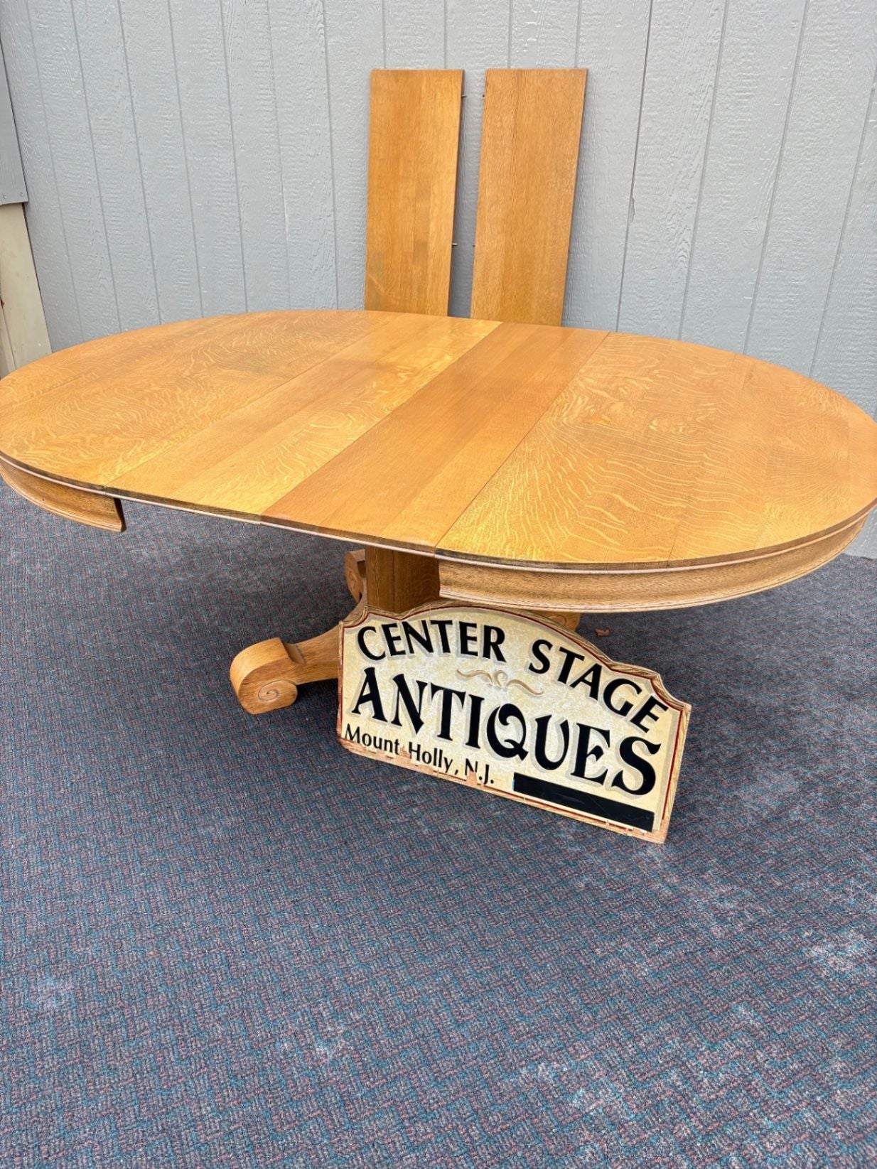 67359 Antique Round Oak Dining Table with Pedestal Base and Leaves