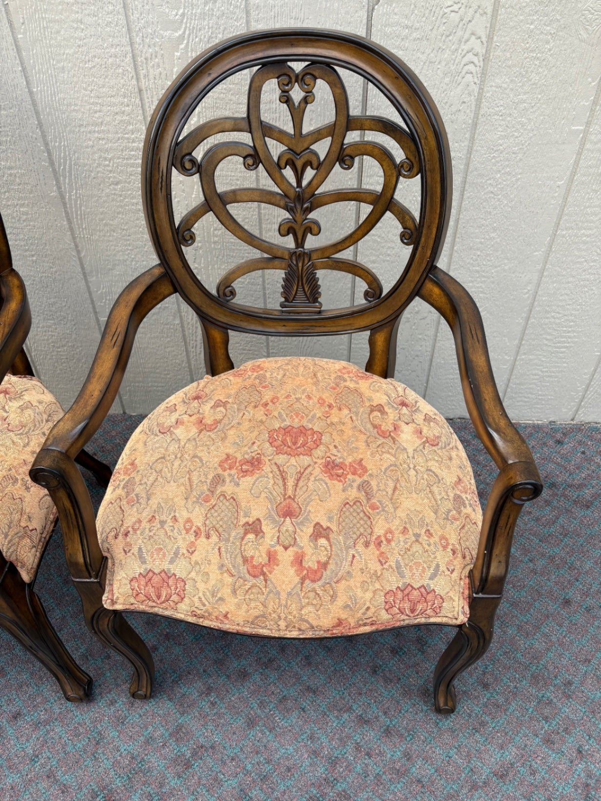 Pair of Carved Wood Armchairs with Upholstered Seats