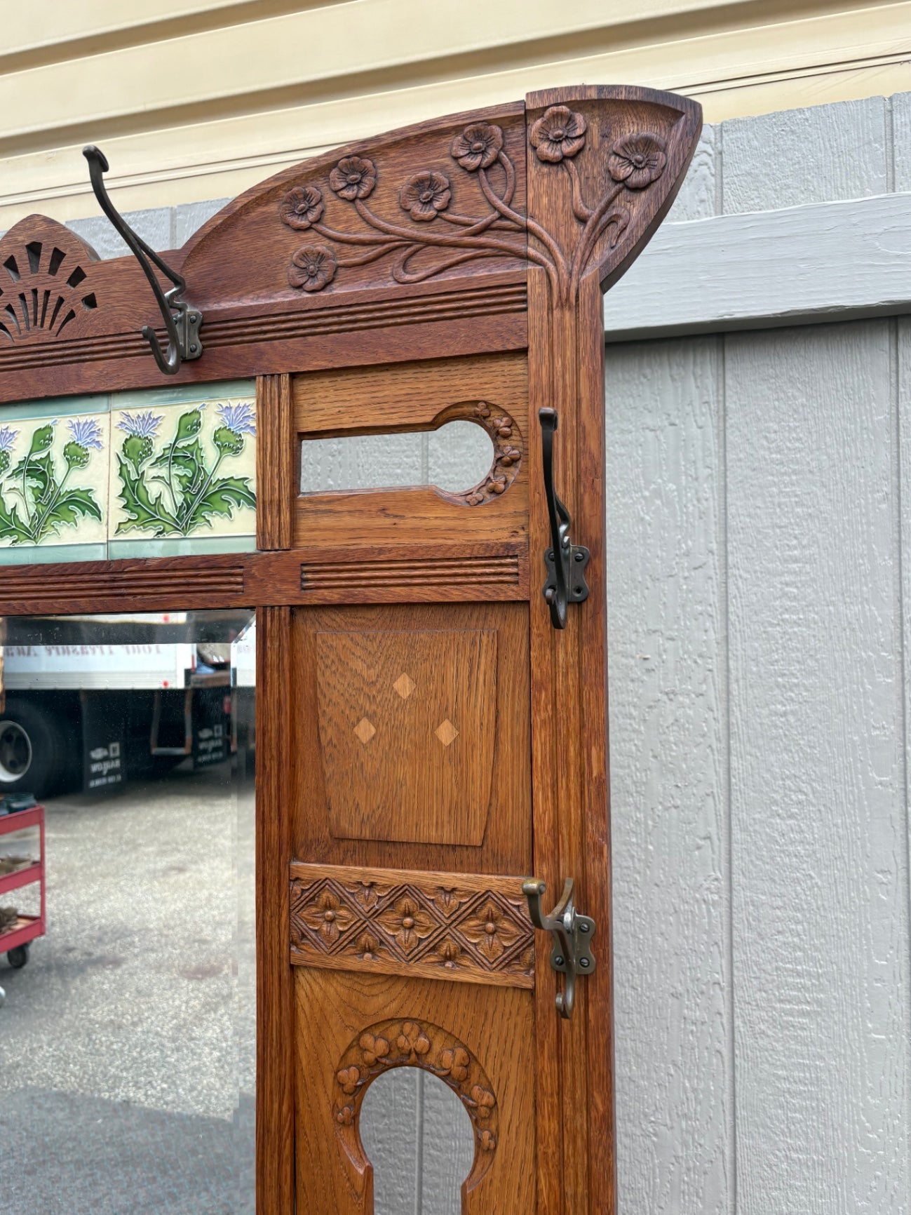 67899 Victorian Oak Hall Tree with Mirror and Ceramic Tile Inlays
