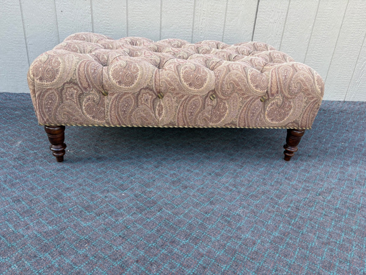 68169 J M Paquet Tufted Ottoman with Paisley Upholstery and Turned Legs