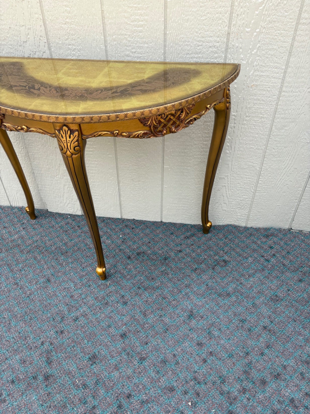 67978 Elegant Gold Demilune Console Table with Intricate Floral Design