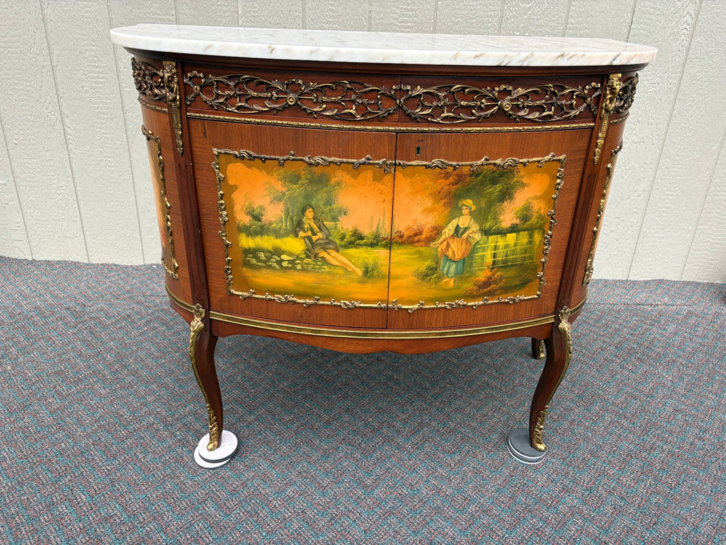 67819 Exquisite Louis XV Style Cabinet with Marble Top and Hand-Painted Panels