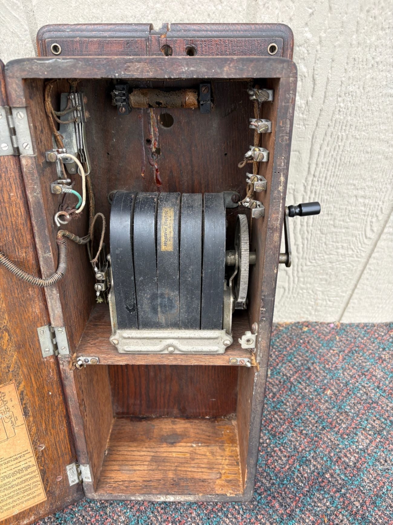 67690 Antique Western Electric Oak Wall Phone with Crank, Early 1900s