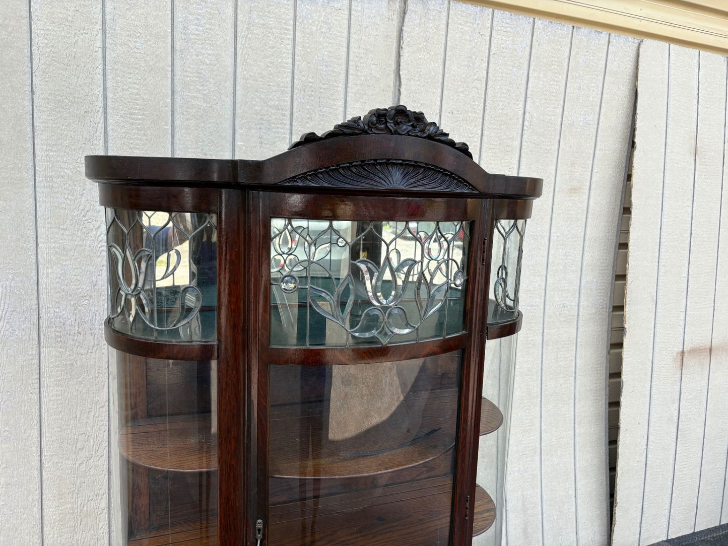 66903 Antique Leaded Glass Oak Bow Front China Cabinet