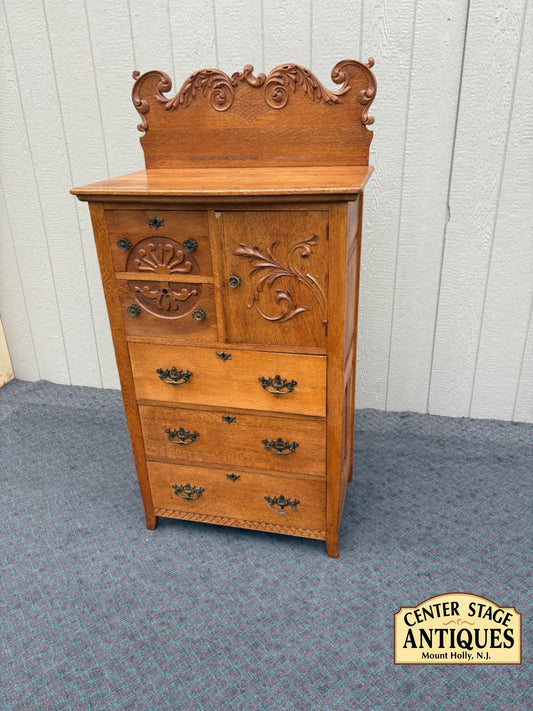 68057  Antique Oak Bonnet Chest with Ornate Carvings and Brass Hardware