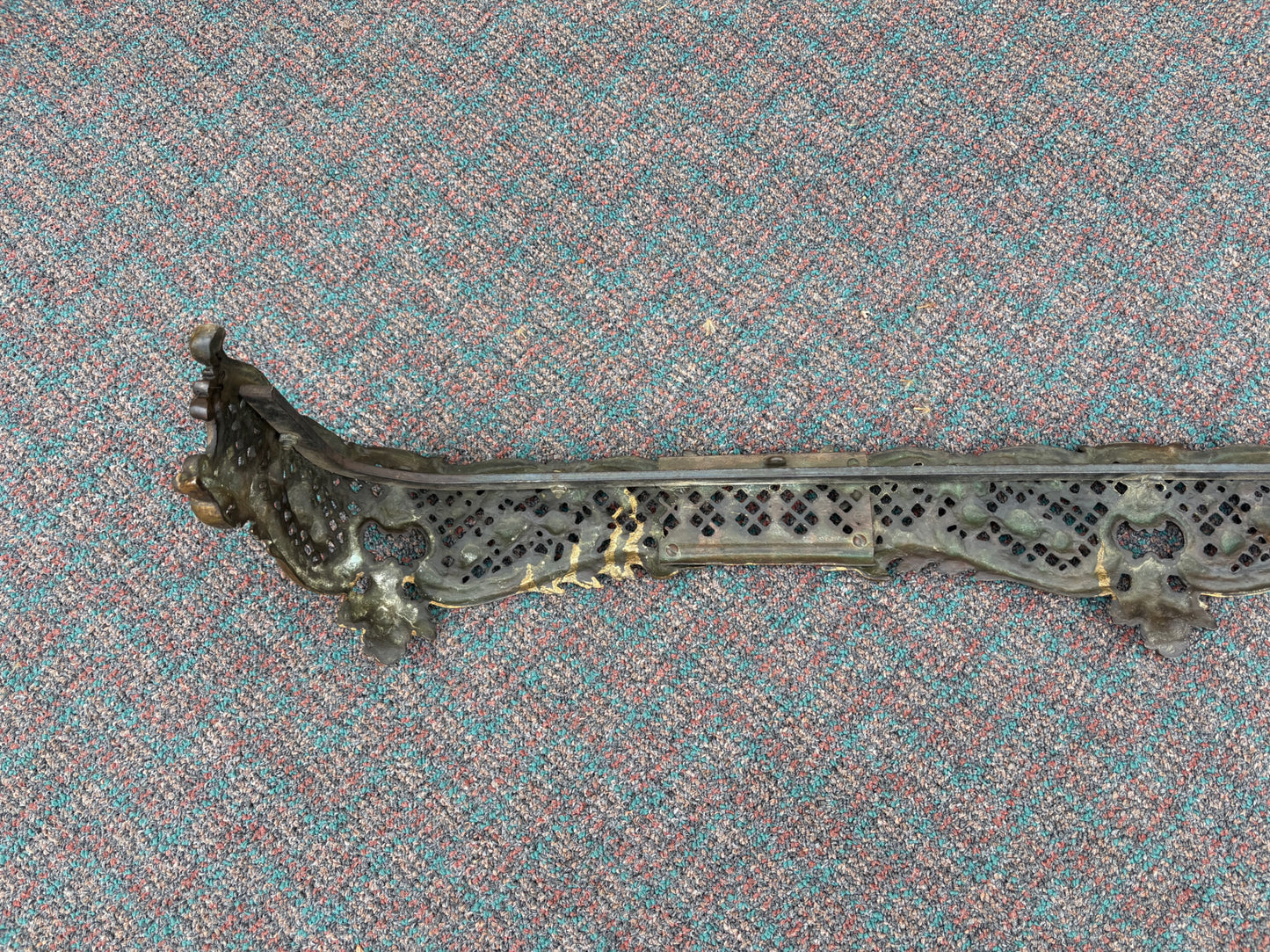 67713 Ornate Victorian Brass Fireplace Fender with Intricate Detailing