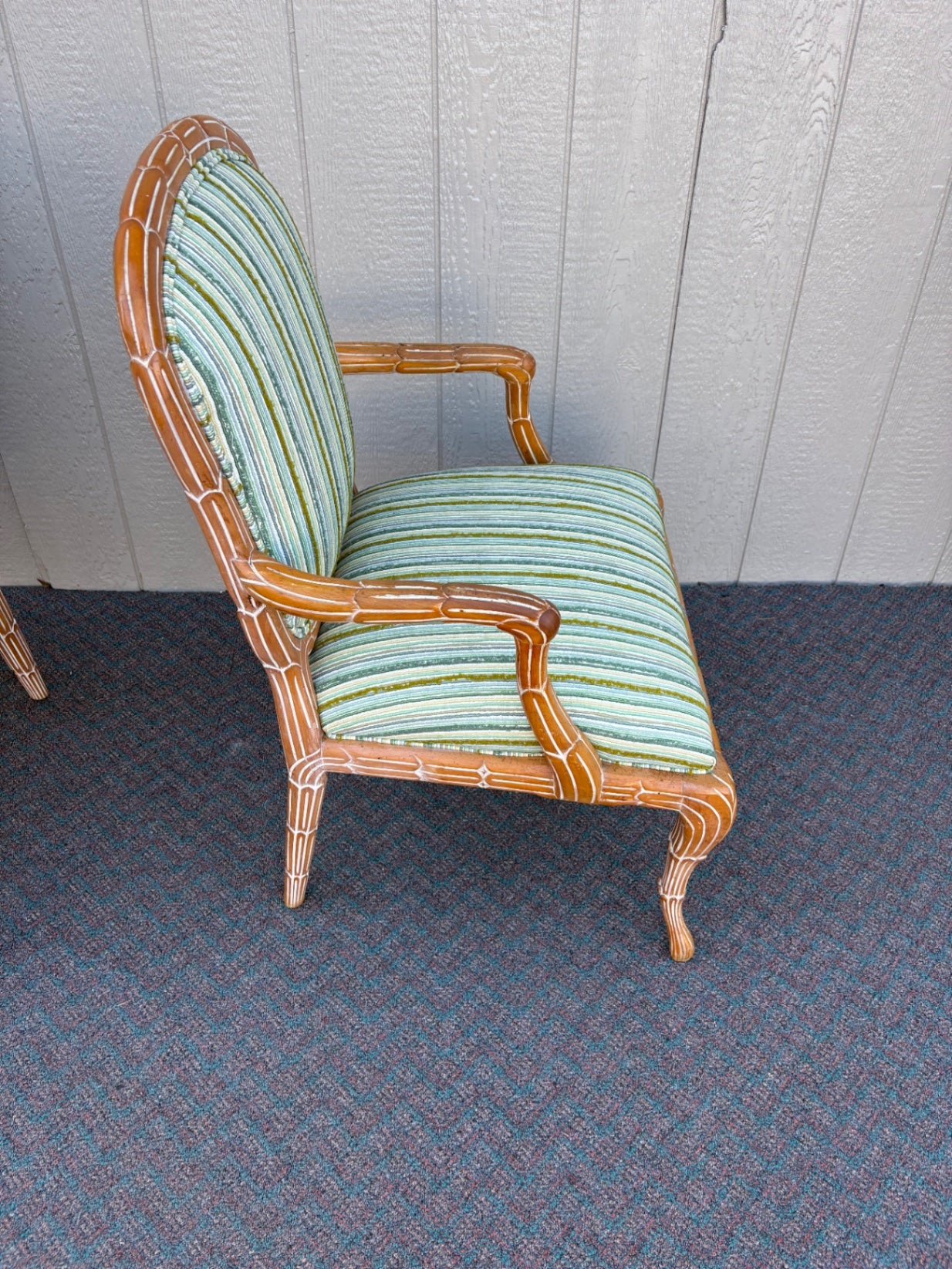67613  Pair of Vintage Rattan Armchairs with Striped Upholstery