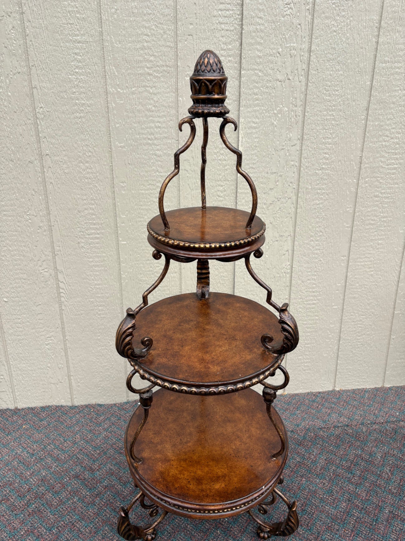 67831 Ornate Three-Tier Accent Table with Metal Scrollwork and Wood Finish