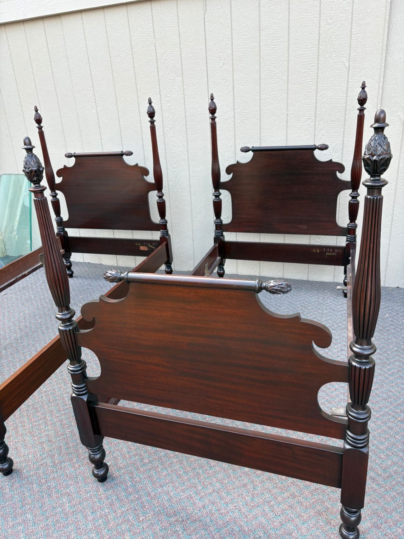 67668 Pair of Vintage PAINE Furniture  Mahogany Twin Beds with Carved Pineapple Finials
