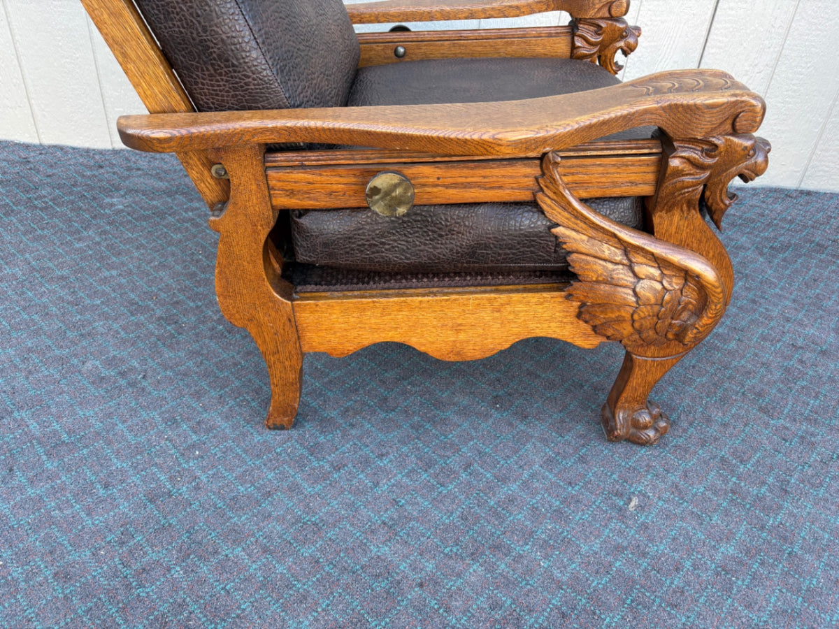 68007  Victorian Oak Morris Chair with Gryphon Carvings and Leather Upholstery