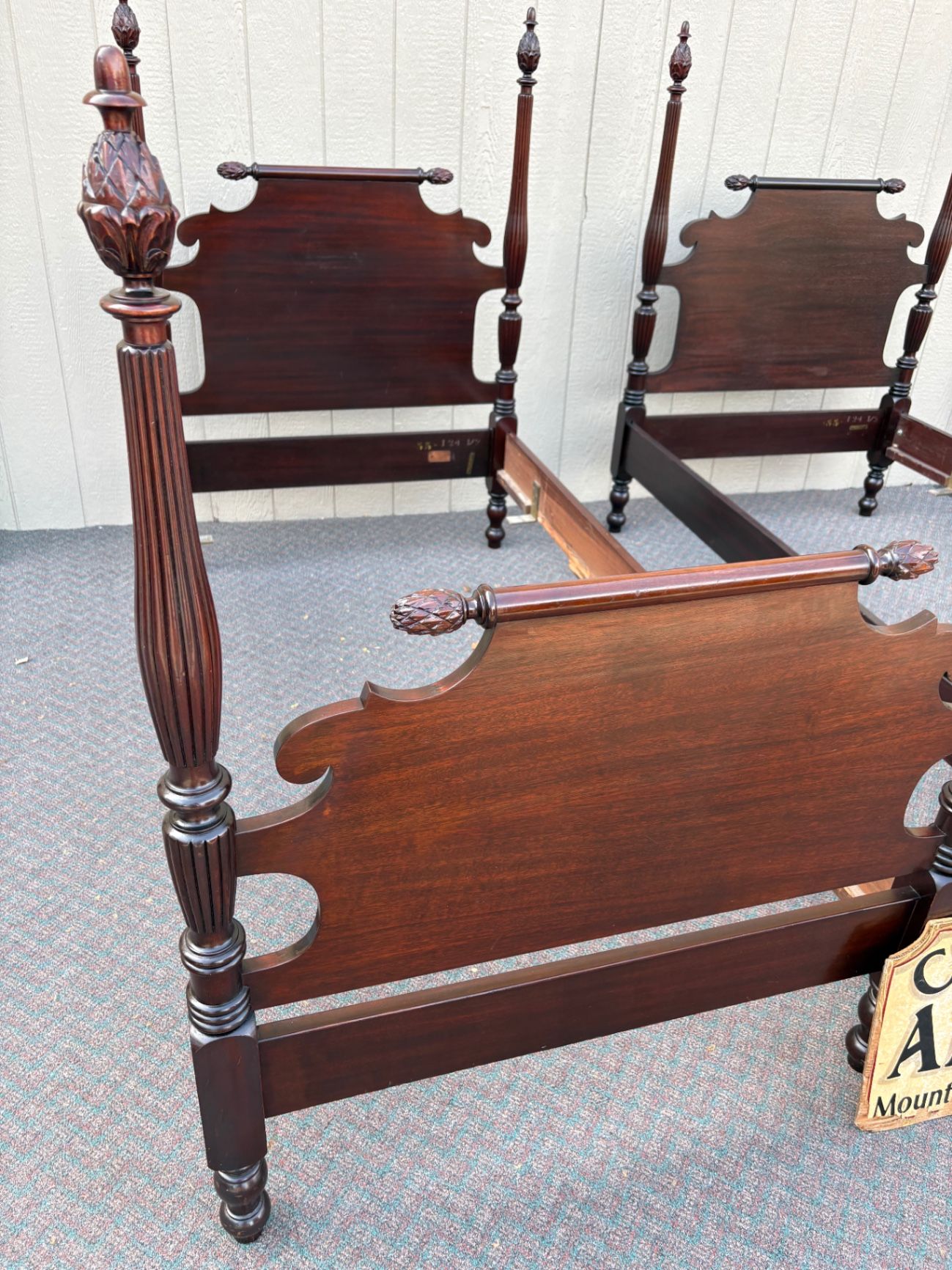 67668 Pair of Vintage PAINE Furniture  Mahogany Twin Beds with Carved Pineapple Finials