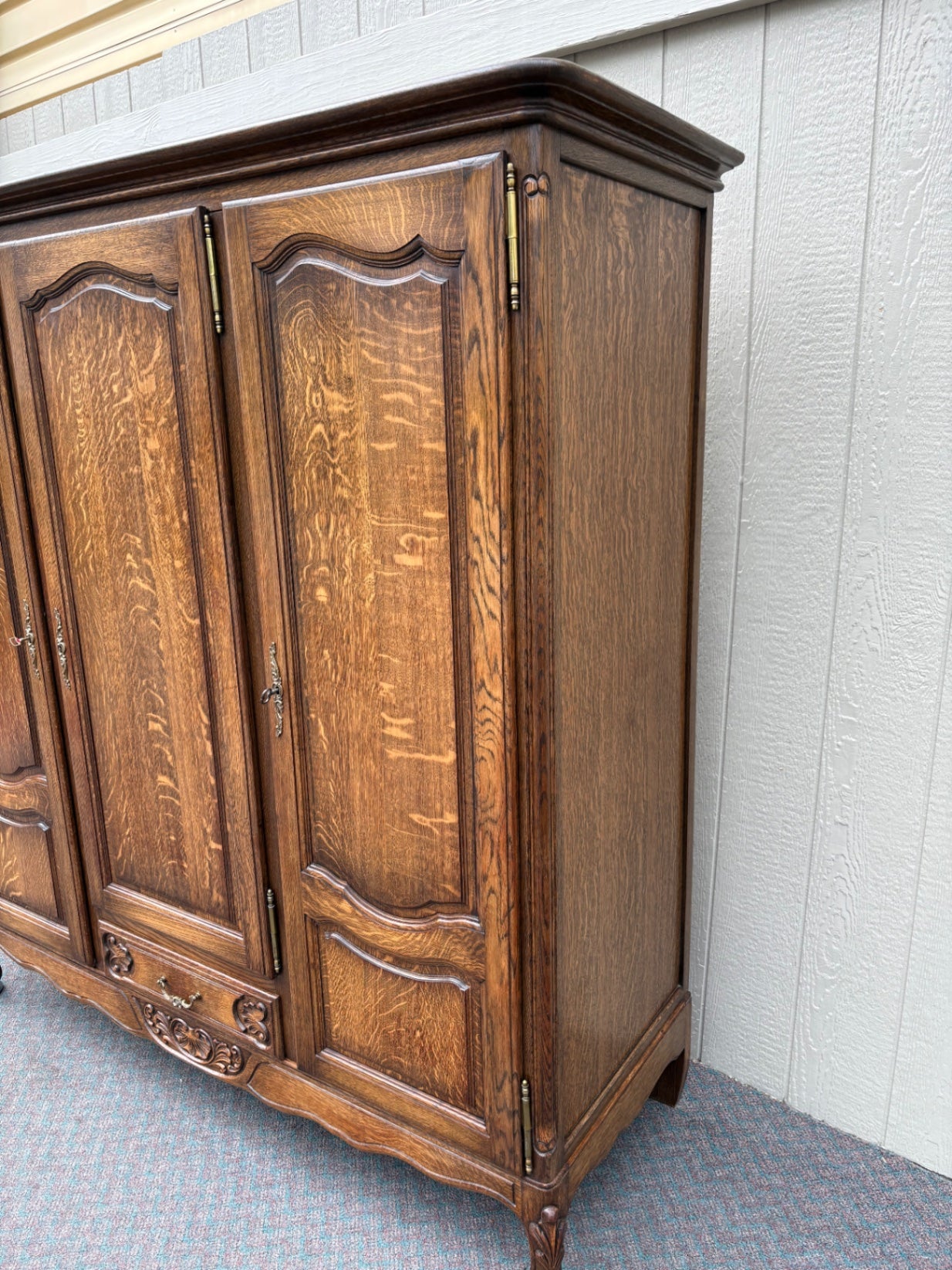 67687  Antique French Provincial Oak Wardrobe with Carved Details